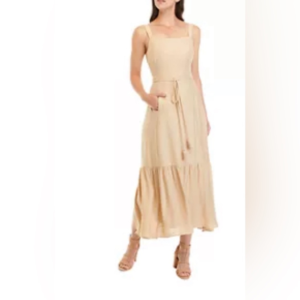 Taylor Sleeveless Tie Waist Gauze Midi Dress Oatmeal Tan Tiered Dress Large